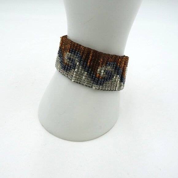 Handmade Beaded Cuff Bracelet Seed Bead Wave Pattern Amber Silver Black Boho - Picture 1 of 10